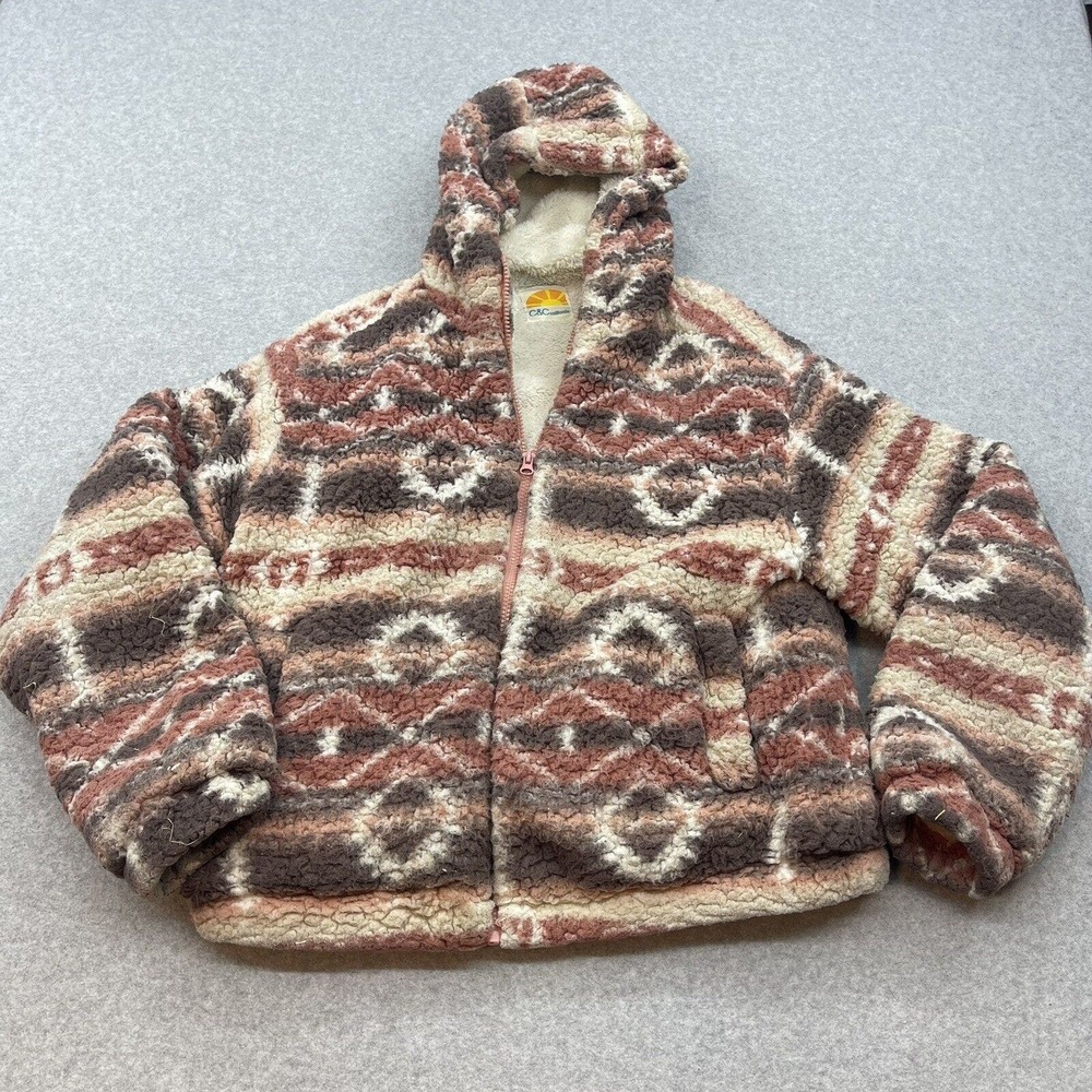 C & C California Teddy Bear Sherpa Jacket Womens Large SouthWest Motiff Hooded